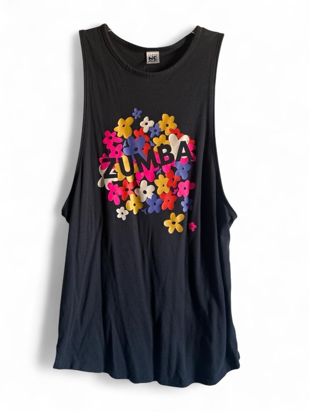 Zumba Fitness Black Muscle Tank with Multicolor Floral Logo size small